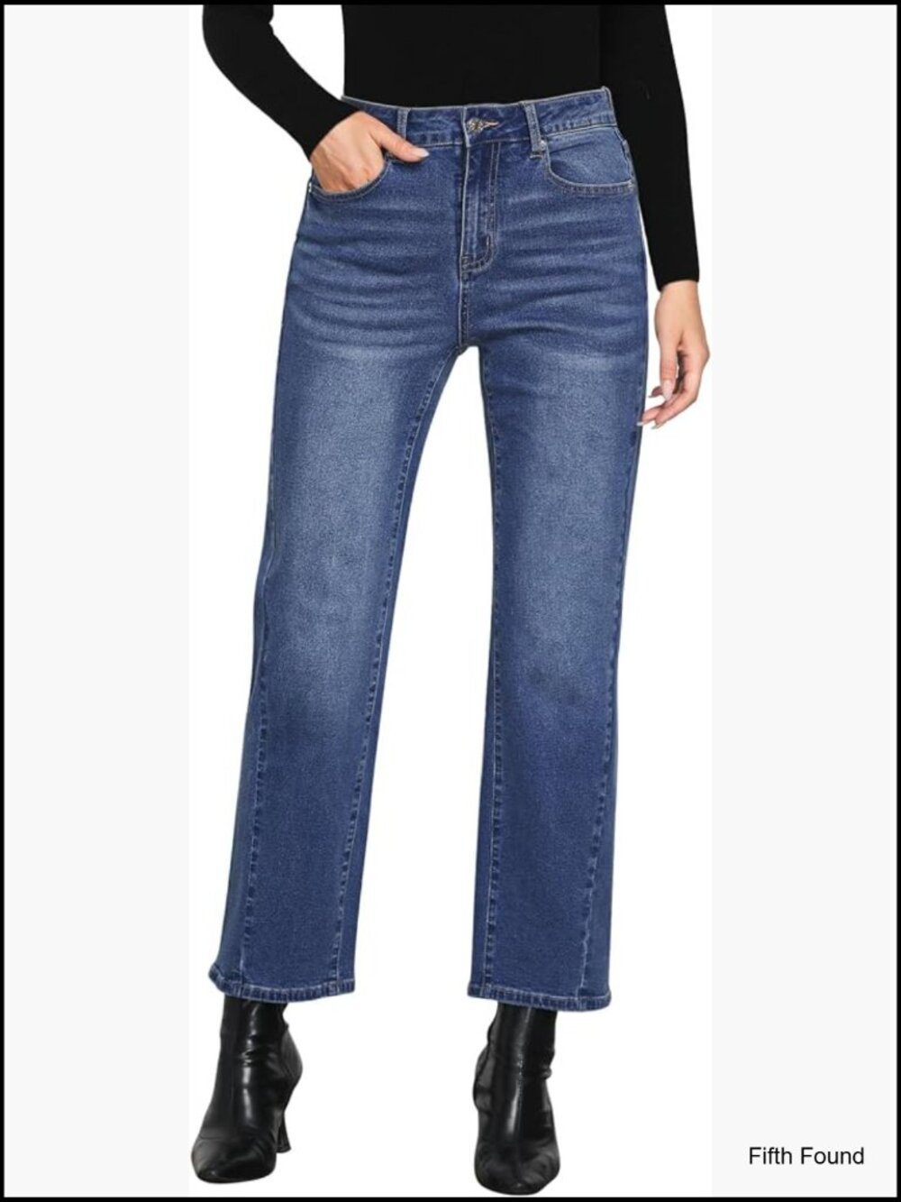High Waisted Straight Leg Jeans Ankle Length Forward Seams Stretchy Baggy